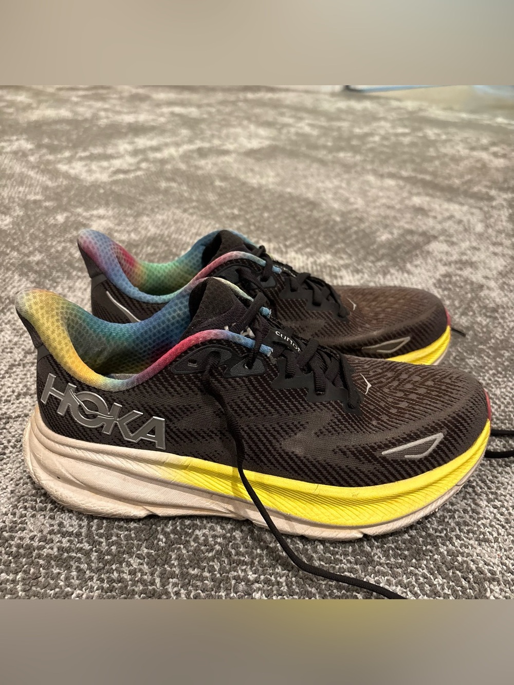 Hoka One One Clifton 9 Tie Dye Black Athletic Running Shoes Womens U.S. 8.5B